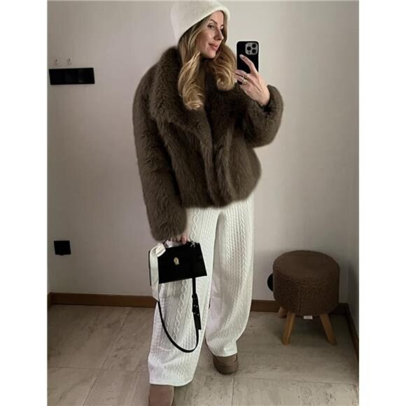 Womens Faux Fur Coat Lapel Open Front Fluffy Shaggy Jacket Darkbrown - Picture 4 of 6